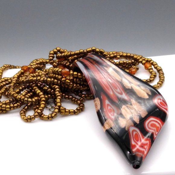 Murano Glass Stretched Millefiori Pendant, Dichroic Copper Fluss Art Glass on Br - Picture 3 of 5